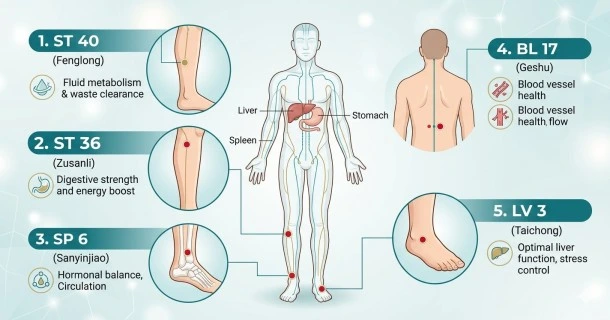A clean medical infographic map detailing the exact physical locations of the 5 essential acupressure points (ST40, ST36, SP6, BL17, and LV3) used to naturally support cardiovascular health and lipid clearance.