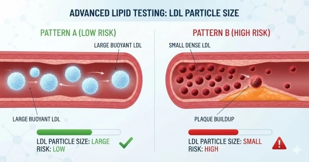 medical diagram comparing LDL particle sizes in a blood vessel. The left side illustrates "Pattern A" with large, fluffy cholesterol particles floating safely through the artery. The right side illustrates "Pattern B" with tiny, dense particles penetrating the arterial wall, oxidizing, and accumulating to form a yellow plaque deposit.