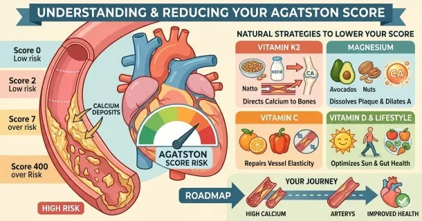 A medical infographic banner styled for a website dashboard, featuring a healthy heart outline juxtaposed with a detailed cross-section of a coronary artery displaying yellow calcium plaque buildup. On the opposite side, clean icons represent vitamin K2, magnesium capsules, and vibrant green vegetables as active components in maintaining flexible, plaque-free arterial paths.