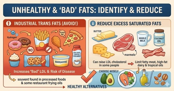 "Hidden Trans Fats vs. Heart-Healthy Replacements", illustrating high-cholesterol risk foods like commercial baked cookies, microwave popcorn, and shortening side-by-side with heart-healthy replacements including olive oil, walnuts, avocado, and fresh salmon.
