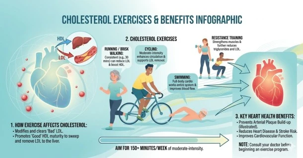 An educational health infographic explaining how exercise manages cholesterol. The design features a stylized heart with arrows showing HDL sweeping bad LDL to the liver, alongside individuals running, cycling, swimming, and strength training. Structured text boxes highlight key benefits, including reducing arterial plaque build-up and improving heart function, with a bottom timeline indicating a goal of 150+ minutes per week.