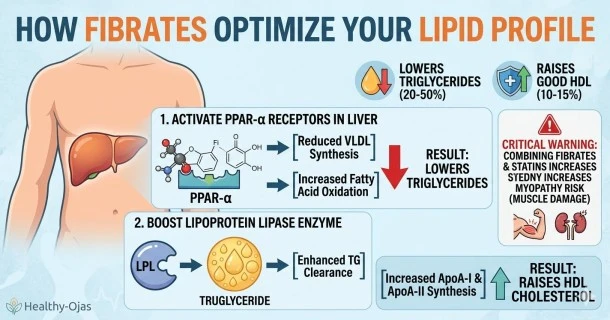 Infographic diagram illustrating how fibrates reduce liver VLDL secretion and activate lipoprotein lipase to clear triglycerides from the blood.