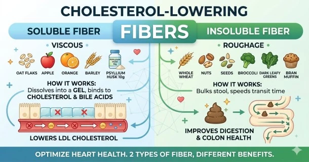 A medical infographic diagram titled "How Soluble Fiber Lowers Cholesterol." On the left side, key natural fiber sources including a bowl of oats, apples, and raw psyllium husk. The center the human digestive tract, demonstrating a thick, viscous soluble fiber gel acts like a natural sponge to trap food fats and bile acids, preventing them from absorbing through the intestinal wall.