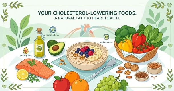 12 effective cholesterol-lowering whole foods; heart-healthy options including a fresh wild-caught salmon fillet, a bowl of whole oats, raw walnuts, almonds, organic flaxseeds, extra-virgin olive oil, ripe tomatoes, fibrous fruits, and rich dark chocolate squares. In the soft-focus blue background, a minimalist, clean heart-rate graphic icon subtly emphasizes cardiovascular wellness and natural lipid management.