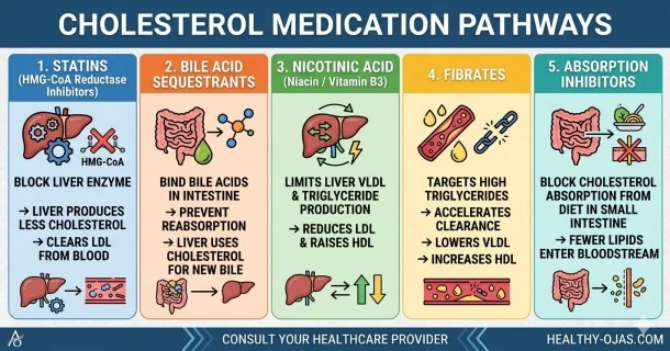 the five core pharmaceutical pathways used to control hyperlipidemia. Organized into 5 distinct numbered vector sections, it visualizes Statins slowing cholesterol production in the liver, Bile Acid Sequestrants binding acids inside the intestines, Nicotinic Acid lowering VLDL production, Fibrates clearing blood triglycerides, and Absorption Inhibitors physically blocking dietary cholesterol uptake inside the small intestine.