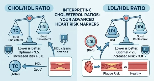 A custom medical infographic titled 'Understanding Your Cholesterol Ratios'. The left side shows a balance scale demonstrating the Total Cholesterol to HDL ratio (TC/HDL) formula with clear ideal ranges. The right side features a high-definition anatomical diagram of an artery showing how the Triglyceride to HDL ratio (TG/HDL) acts as a predictor for Pattern A large fluffy particles versus Pattern B small dense LDL particles that cause cardiovascular plaque accumulation.