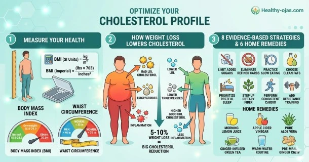 Weight loss and lipid management; The left side showcases two flat-vector human silhouettes tracking waist measurement. The right side features a bold headline 'CHOLESTEROL, BMI, & WAIST SIZE' alongside visual chart indicators: downward trends for body fat, dangerous LDL cholesterol, and triglycerides, contrasted against an increasing green line for protective HDL levels.