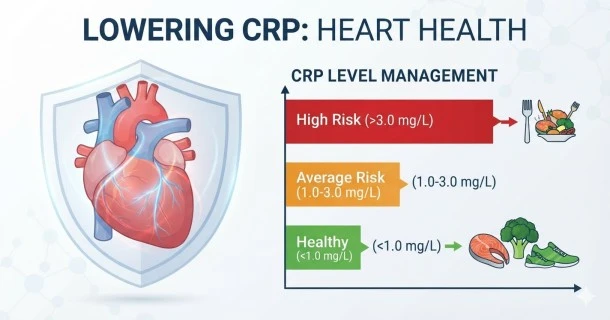 An illustrative medical graphic for a CRP test showing a stylized human heart alongside a digital health chart tracking inflammation marker levels.