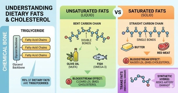 "Biochemistry of Lipids: Fats vs. Oils", breaking down the structural chain differences between straight saturated fatty acids (solid fats like butter) and bent unsaturated fatty acids (liquid cooking oils like extra virgin olive oil).