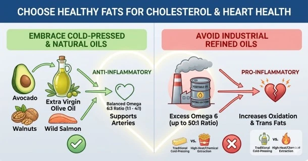 A medical comparison infographic titled "Choose Healthy Fats for Cholesterol & Heart Health." The left side shows "Good Fats" like extra virgin olive oil, avocado, walnuts, and wild salmon supporting a healthy artery with an anti-inflammatory 1:1 to 4:1 omega ratio. The right side shows "Bad Fats" like industrially refined soybean and corn oils causing a pro-inflammatory effect with high oxidation and trans fats up to a 50:1 ratio.