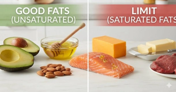 A clean health infographic chart titled "Dietary Fats for Cholesterol Management" comparing healthy unsaturated fats (avocado, olive oil, nuts, and salmon) with saturated and trans fats to limit or avoid.