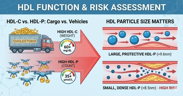 A medical infographic diagram comparing HDL Cholesterol Quantity (HDL-C) versus HDL Particle Number (HDL-P). The graphic contrasts a sparse group of oversized HDL particles holding high volumes of fat against a highly dense, active fleet of medium-sized HDL particles efficiently clearing cholesterol away from an arterial plaque wall.