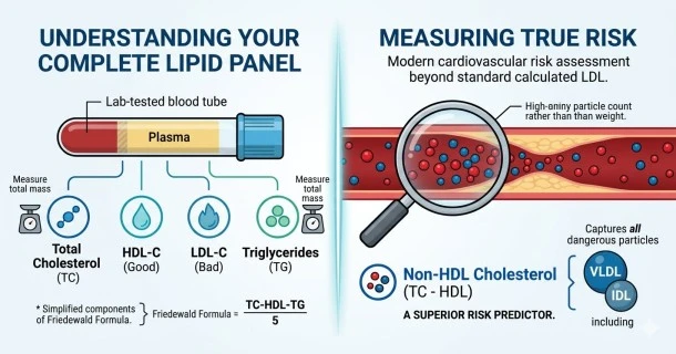 A comprehensive medical infographic comparing standard lipid panel ranges with advanced risk ratios. The left side features a color-coded 'Lipid Panel Chart' showing normal, borderline, and high numeric ranges for Total Cholesterol, LDL-C, HDL-C, and Triglycerides. The right side explains advanced risk metrics like the TG to HDL-C ratio and Non-HDL Cholesterol next to cross-section diagrams of clean and plaque-narrowed blood vessels.