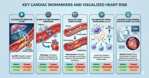 An educational infographic titled "Key Cardiac Biomarkers and Visualized Heart Risk"