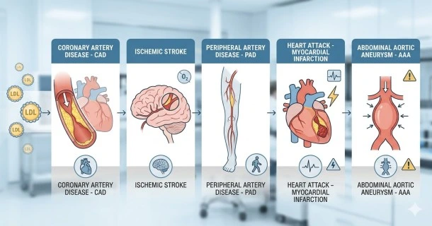 • A clean medical infographic chart illustrating the 5 major cardiovascular complications of high cholesterol, mapping out the progression from arterial plaque buildup to angina, coronary artery disease, heart attack, and ischemic stroke.