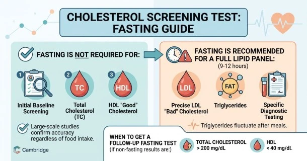 Cholesterol Screening: Do You Need to Fast? It details that a Non-Fasting Screening measures Total and HDL cholesterol with a checkmark icon, while a full Fasting Lipid Profile tracks Triglycerides and LDL, requiring a 9 to 12 hour fast represented by a clock icon.