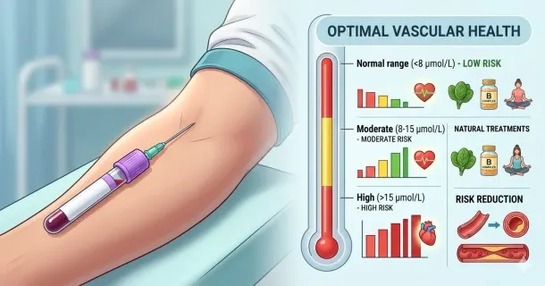 Medical infographic illustration showing a blood test tube next to a risk-level dial highlighting high homocysteine levels, with a side-by-side 'Path to Balance' visual featuring B-vitamin rich foods like fresh fish, spinach, and avocados to reduce cardiovascular risk.