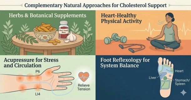 An • infographic layout explicitly detailing four distinct complementary treatments for cholesterol management: evidence-based herbs and supplements, mindfulness yoga for stress reduction, hand meridian points for circulatory acupressure support, and a foot mapping chart for targeted reflexology.