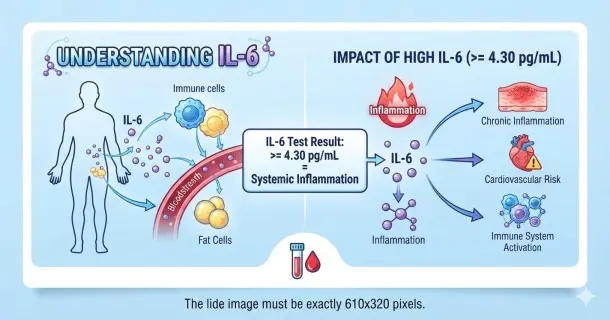 A professional medical illustration featuring a blood test tube and a health report with data graphs, set against an abstract background of blue and teal immune cells symbolizing systemic inflammation and cytokine testing.