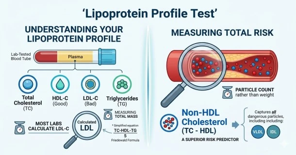 A medical infographic explaining a lipoprotein profile test. The left side visualizes a lab blood vial alongside the Friedewald formula calculation process for LDL cholesterol, showing its accuracy flaw. The right side illustrates a cross-section of an artery with plaque buildup, highlighting the mathematical formula for Non-HDL Cholesterol and how it functions as a superior predictor of heart disease.