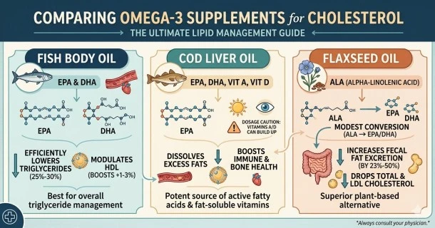three types of omega-3 supplements for cholesterol management. The graphic splits into three columns: Fish Body Oil (showing EPA & DHA molecules for lowering triglycerides), Cod Liver Oil (highlighting EPA, DHA, and vitamins A and D for immune and bone health), and Flaxseed Oil (explaining the conversion of plant-based ALA to EPA/DHA and its ability to increase fecal fat excretion).