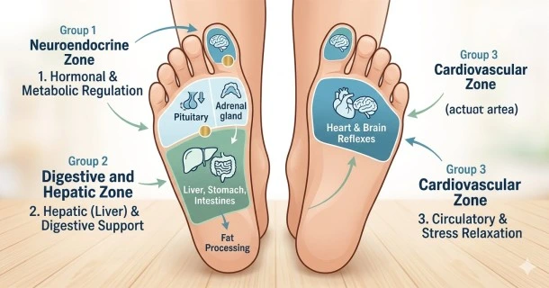 • A clean medical infographic map detailing the exact physical locations of the three core reflexology zone groups on the feet (Neuroendocrine, Digestive/Hepatic, and Cardiovascular) to naturally support cardiovascular health and lipid clearance.