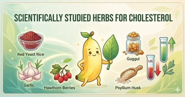 An educational infographic illustrating scientifically studied herbs for cholesterol health. It features labeled icons for Red Yeast Rice in a bowl, a bulb of Garlic, Hawthorn Berries, Guggul resin in a jar, and Psyllium Husk in a scoop. At the center, a cute cartoon banana holds a leaf, next to icons showing a decrease in LDL cholesterol and an increase in HDL cholesterol.