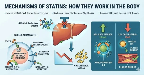 explaining the mechanisms and benefits of statin drugs. The graphic features a central liver illustration showing the inhibition of the HMG-CoA reductase enzyme alongside a split data chart: a prominent downward green arrow for declining LDL cholesterol and an upward green arrow for increasing protective HDL. Minimalist sidebar graphics highlight mitochondrial cellular energy production powered by CoQ10.