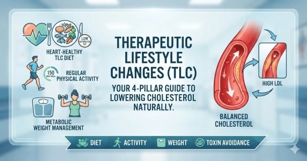 Therapeutic Lifestyle Changes (TLC) program for natural cholesterol management. The graphic showcases the 4 core pillars with icons: a heart-healthy diet low in saturated fat, a runner indicating 150 minutes of regular physical activity per week, a weight scale for metabolic weight management, and toxin avoidance. On the right, a detailed biological illustration compares an artery with high LDL cholesterol plaque buildup to a healthy, clear artery showing optimal blood flow.