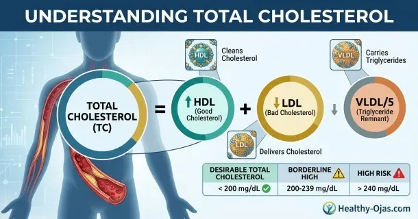 Infographic showing the total cholesterol formula (TC = HDL + LDL + VLDL) with icons explaining good versus bad cholesterol components and standard reference ranges.
