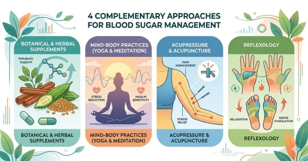 • An educational infographic detailing four complementary approaches for blood sugar management: botanical supplements, mind-body practices like yoga, acupressure and acupuncture, and reflexology maps for hands and feet.