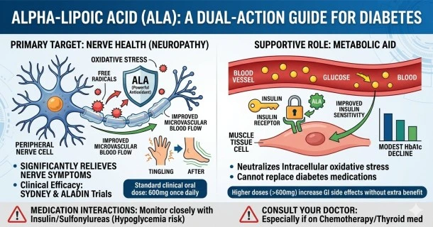 An illustrative medical infographic displaying the cellular mechanism of alpha-lipoic acid (ALA) acting as both a water and fat-soluble antioxidant to protect peripheral nerves from oxidative stress.