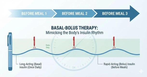 Medical illustration showing a long-acting basal insulin pen providing steady background coverage next to three rapid-acting bolus insulin pens for mealtime blood sugar control.