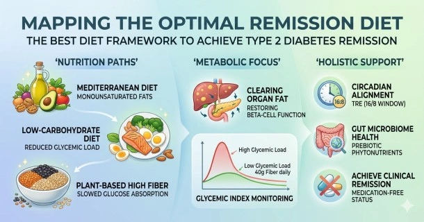 An educational medical infographic illustrating the optimal diet framework for type 2 diabetes remission, showcasing a Mediterranean plate, a low-carbohydrate target, and a high-fiber bowl on the left, an index graph showing a reduced glycemic load in the center, and circadian alignment alongside gut microbiome tracking on the right.