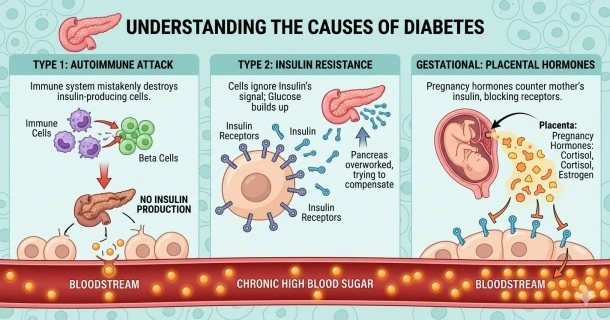 A medical infographic diagram comparing the biological causes of diabetes, highlighting normal insulin action, type 1 autoimmune beta cell destruction, and type 2 cellular insulin resistance.