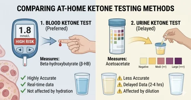 • A clear medical comparison diagram between home blood ketone testing (measuring beta-hydroxybutyrate in real-time) and urine ketone testing (measuring acetoacetate with a 2-to-4-hour delay) for managing diabetic ketoacidosis.