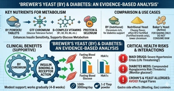 An illustrative medical infographic detailing the Glucose Tolerance Factor (GTF) chromium cellular pathway in brewer's yeast, paired with critical medication interaction and side effect warnings.
