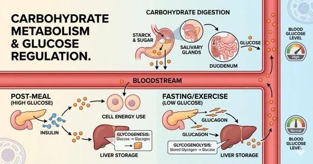 An educational medical diagram explaining carbohydrate metabolism, comparing normal glucose regulation with insulin as a key against failures seen in type 1 and type 2 diabetes mellitus.