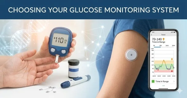 A side-by-side comparison of a traditional fingerstick glucometer displaying a 110 mg/dL reading and a modern continuous glucose monitor (CGM) sensor worn on an arm paired with a smartphone trend app.