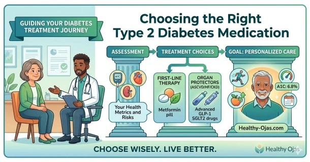 A clinical web infographic titled 'Choosing Type 2 Diabetes Medication'. The graphic details a step-by-step medication management pathway from left to right: moving from a healthy lifestyle (diet and exercise icon), to initial Metformin monotherapy (a green pill bottle), up to cardiorenal-protective advanced classes like SGLT2 inhibitors and GLP-1 receptor agonists (symbolized by clear heart, kidney, and injectable icons).