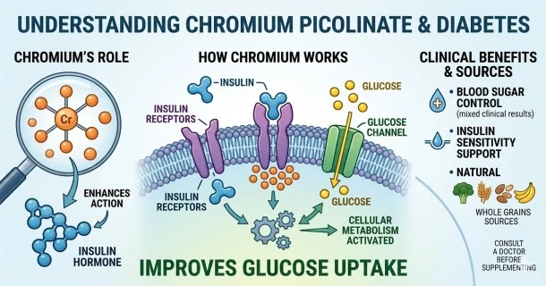 • A medical infographic detailing chromium nutritional delivery, metabolic balance, and cellular insulin receptor activation for evidence-based blood sugar support.