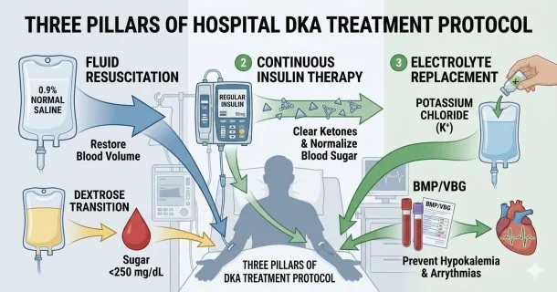 • Medical infographic diagram highlighting the three core pillars of clinical hospital treatment for diabetic ketoacidosis (DKA): aggressive fluid resuscitation, continuous intravenous (IV) insulin infusion, and careful potassium electrolyte replacement.