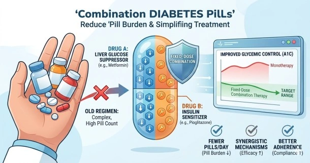 Medical infographic diagram explaining how combination diabetes pills merge two medication classes into one tablet to simplify therapy and target multiple blood sugar pathways simultaneously.