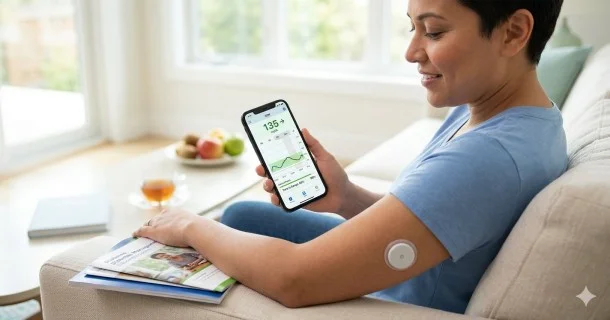 A close-up view of a modern continuous glucose monitor (CGM) sensor applied to a patient's upper arm, shown alongside a smartphone displaying real-time blood sugar trends and historical data tracking charts.