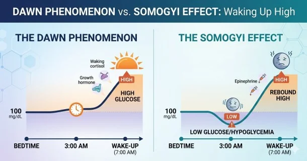 An overnight blood sugar timeline chart illustrating the difference between the Dawn Phenomenon (steady baseline with a morning spike) and the Somogyi Effect (a 3 AM hypoglycemic dip leading to a rebound spike).