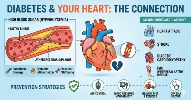 • A detailed medical graphic showing a cross-section of a coronary artery with plaque buildup next to a human heart and a high blood sugar meter reading.