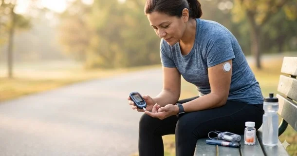 A split composition showing a close-up of a person checking their blood sugar levels via a continuous glucose monitor app on a smartphone next to an individual exercising outdoors on a sunny day.