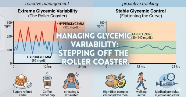 A clear medical infographic detailing glycemic variability, contrasting an volatile blood sugar roller coaster line chart with a smooth, stabilized line chart inside a target range.