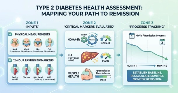 A medical dashboard illustration for tracking type 2 diabetes remission, showcasing inputs for tracking body measurements on the left, critical blood panel biomarkers like HOMA-IR and Fatty Liver Index in the center, and a multi-organ diagram mapping the function of the liver, pancreas, and skeletal muscle tissue on the right.
