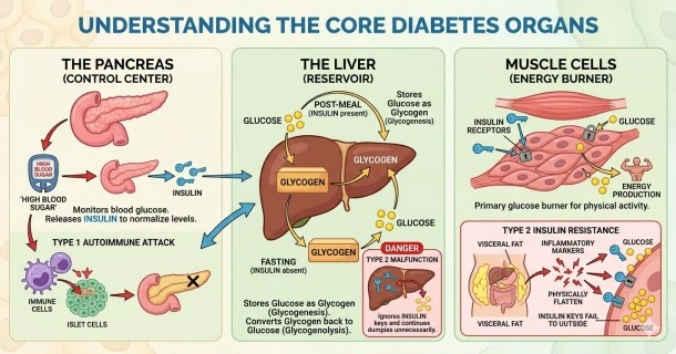 An educational medical infographic charting how diabetes organs interact, showing glucose regulation across the pancreas, insulin signaling, glycogen conversions in the liver, and insulin resistance triggers.